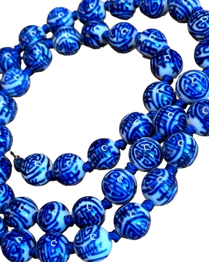 Hand Painted Old Chinese Porcelain Blue White Shou Beads Necklace Vermeil Clasp