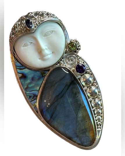 Sajen Bali boneface goddess abalone amethyst sterling silver 925 pendant brooch