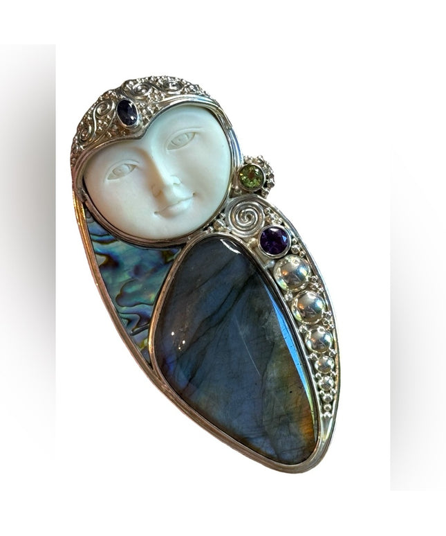Sajen Bali boneface goddess abalone amethyst sterling silver 925 pendant brooch