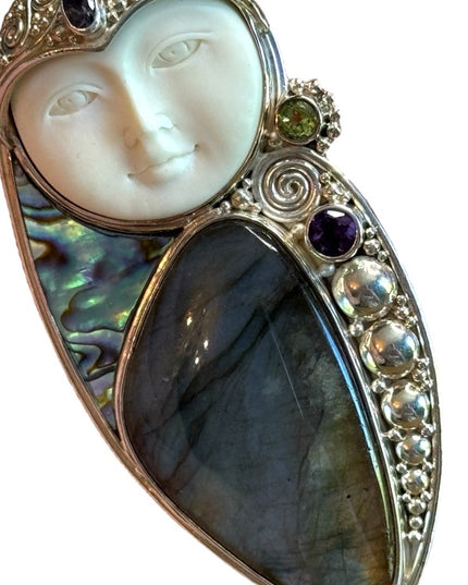 Sajen Bali boneface goddess abalone amethyst sterling silver 925 pendant brooch