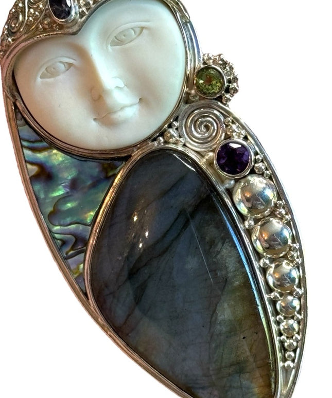 Sajen Bali boneface goddess abalone amethyst sterling silver 925 pendant brooch