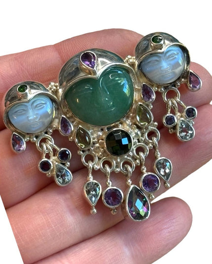 Sajen sterling silver 925 multi gemstone moonface goddess fancy brooch pendant