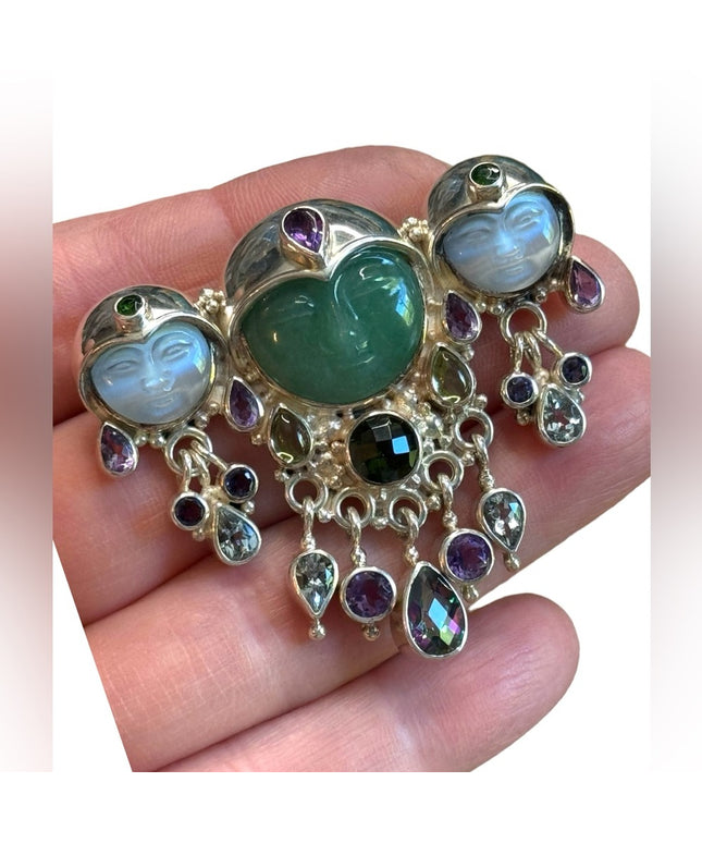 Sajen sterling silver 925 multi gemstone moonface goddess fancy brooch pendant