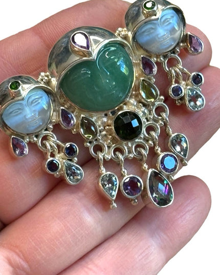 Sajen sterling silver 925 multi gemstone moonface goddess fancy brooch pendant