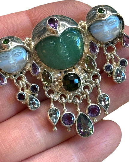 Sajen sterling silver 925 multi gemstone moonface goddess fancy brooch pendant