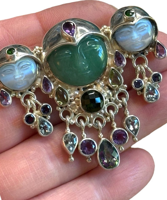 Sajen sterling silver 925 multi gemstone moonface goddess fancy brooch pendant