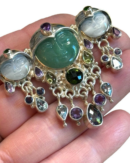 Sajen sterling silver 925 multi gemstone moonface goddess fancy brooch pendant