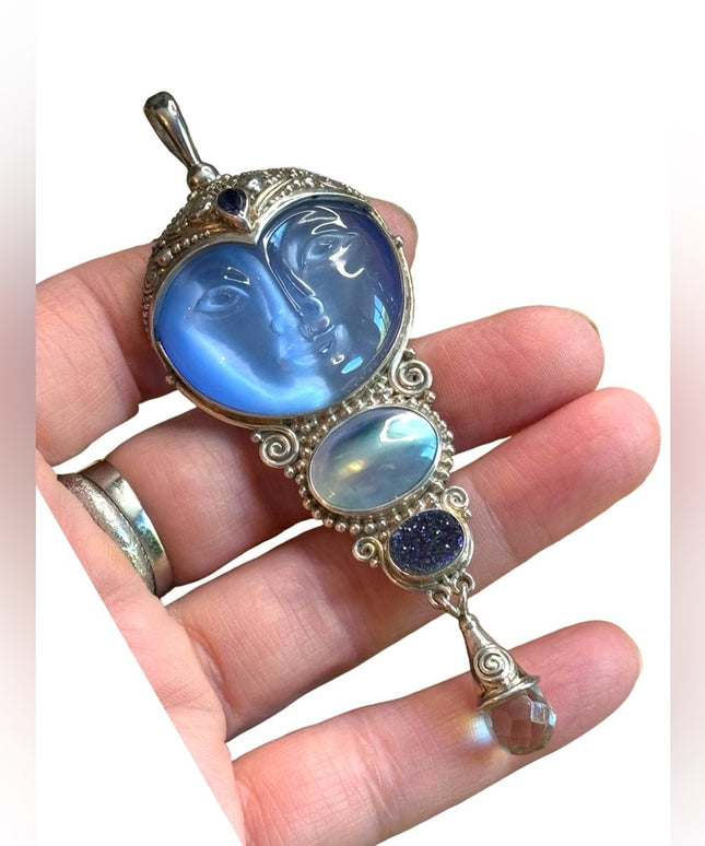 Sajen Bali moonface goddess Druzy amethyst sterling silver 925  pendant brooch