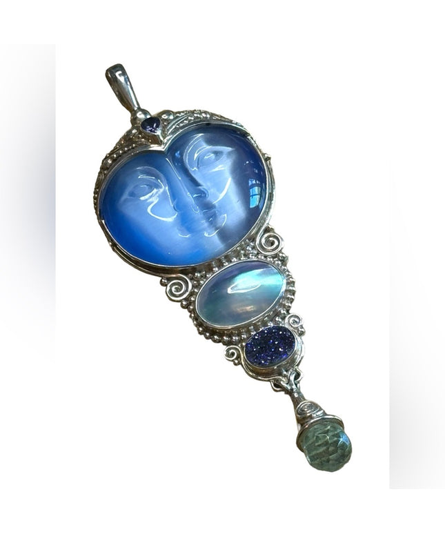 Sajen Bali moonface goddess Druzy amethyst sterling silver 925  pendant brooch