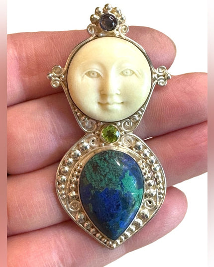 Sajen sterling silver 925 malachite peridot moonstone boneface goddess pendant