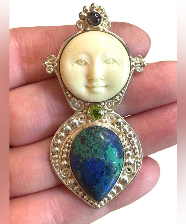 Sajen sterling silver 925 malachite peridot moonstone boneface goddess pendant