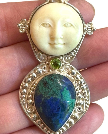 Sajen sterling silver 925 malachite peridot moonstone boneface goddess pendant