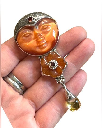 Sajen Bali moonface goddess citrine garnet sterling silver 925  pendant brooch