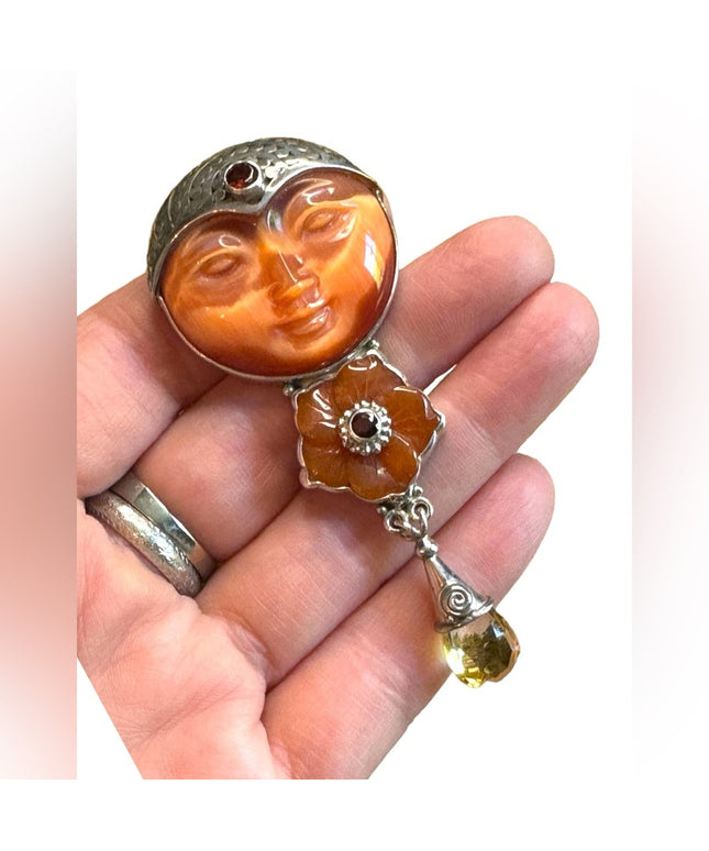 Sajen Bali moonface goddess citrine garnet sterling silver 925  pendant brooch