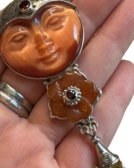 Sajen Bali moonface goddess citrine garnet sterling silver 925  pendant brooch