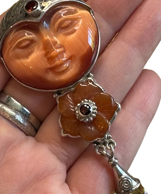 Sajen Bali moonface goddess citrine garnet sterling silver 925  pendant brooch