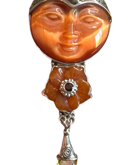 Sajen Bali moonface goddess citrine garnet sterling silver 925  pendant brooch