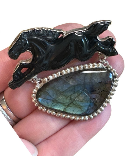 Sajen Bali galloping horse labradorite sterling silver 925 fancy pendant brooch