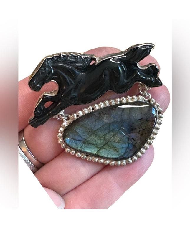 Sajen Bali galloping horse labradorite sterling silver 925 fancy pendant brooch