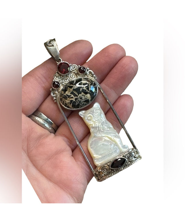 Sajen Bali Cat Jasper garnet MOP pearl sterling silver 925 fancy pendant