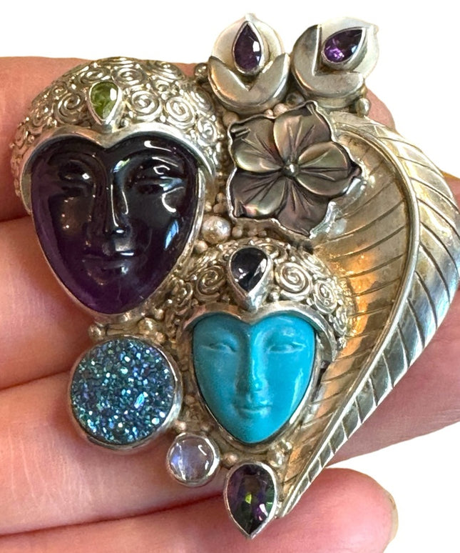 Sajen sterling silver 925 multi gemstone amethyst goddess fancy brooch pendant