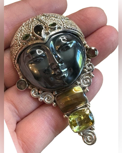Sajen sterling silver 925 multi gemstone Citrine moonface goddess brooch pendant