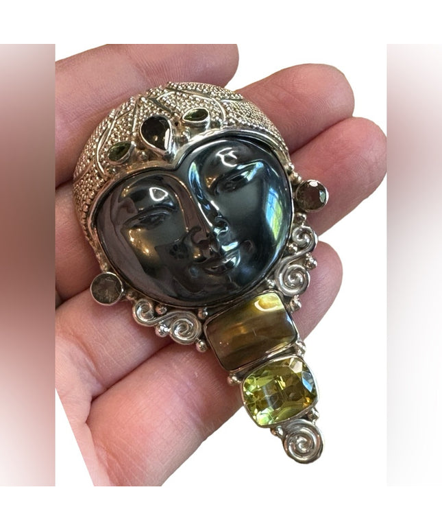 Sajen sterling silver 925 multi gemstone Citrine moonface goddess brooch pendant