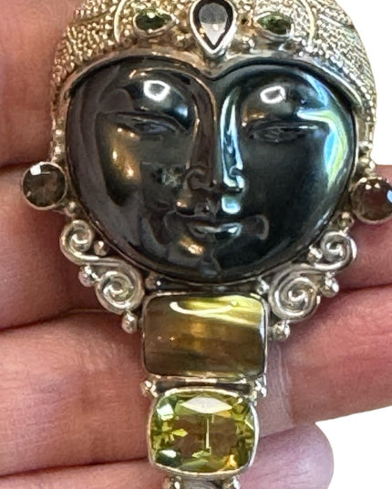 Sajen sterling silver 925 multi gemstone Citrine moonface goddess brooch pendant