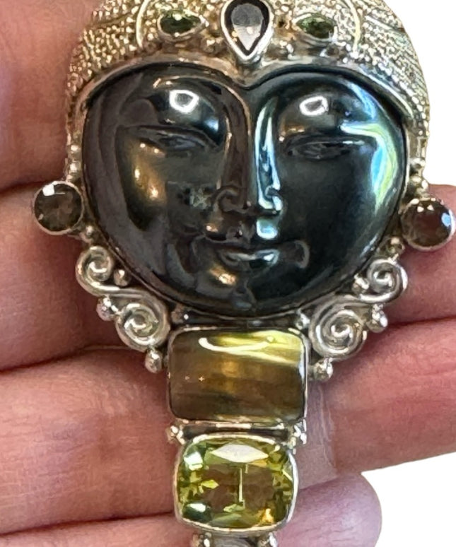 Sajen sterling silver 925 multi gemstone Citrine moonface goddess brooch pendant