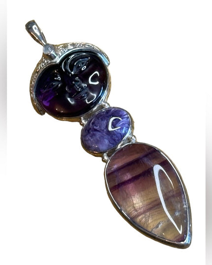 Sajen sterling silver 925 multi gemstone amethyet moonface goddess  pendant