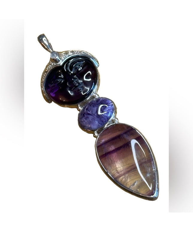Sajen sterling silver 925 multi gemstone amethyet moonface goddess  pendant