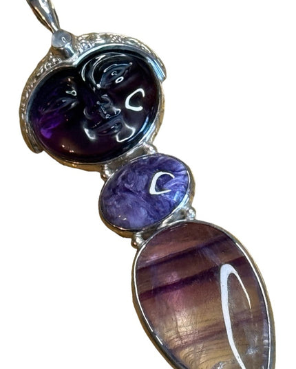 Sajen sterling silver 925 multi gemstone amethyet moonface goddess  pendant