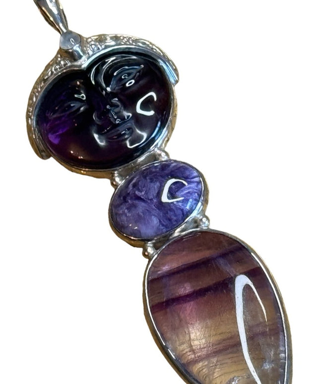 Sajen sterling silver 925 multi gemstone amethyet moonface goddess  pendant