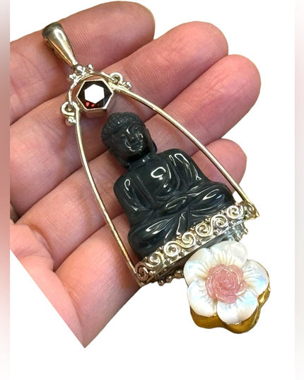Sajen Bali Buddah garnet MOP pearl sterling silver 925 fancy pendant