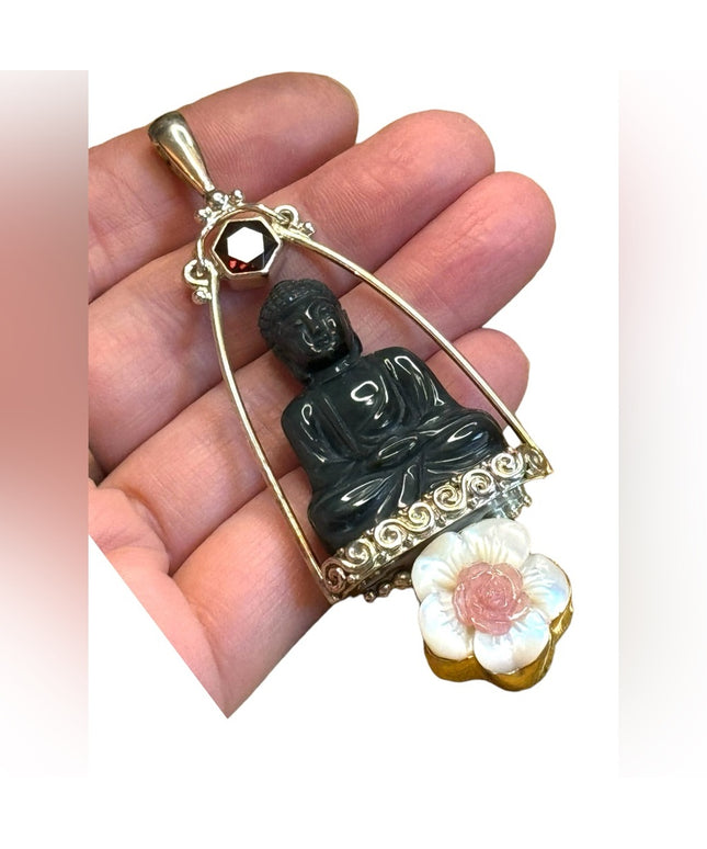 Sajen Bali Buddah garnet MOP pearl sterling silver 925 fancy pendant
