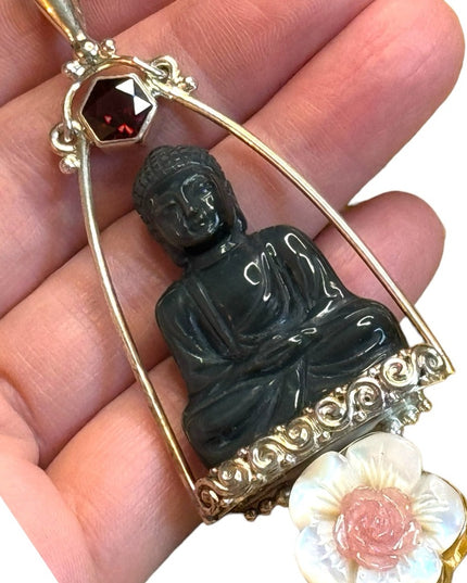 Sajen Bali Buddah garnet MOP pearl sterling silver 925 fancy pendant
