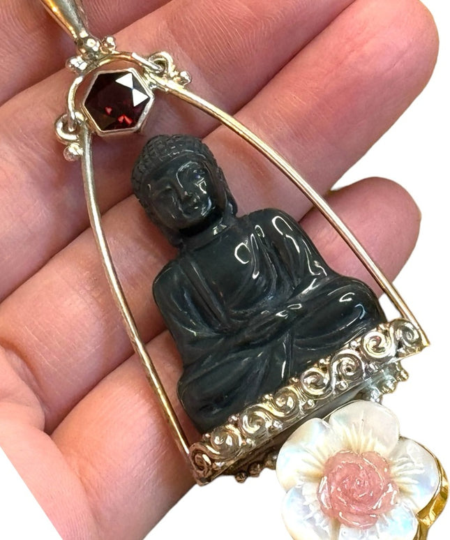 Sajen Bali Buddah garnet MOP pearl sterling silver 925 fancy pendant