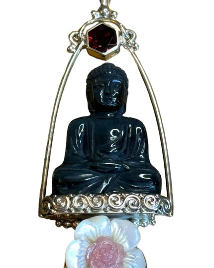 Sajen Bali Buddah garnet MOP pearl sterling silver 925 fancy pendant