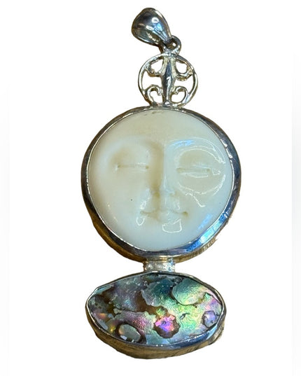 Vintage handmade moonface goddess resin & abalone sterling silver 925 pendant