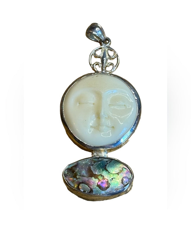 Vintage handmade moonface goddess resin & abalone sterling silver 925 pendant