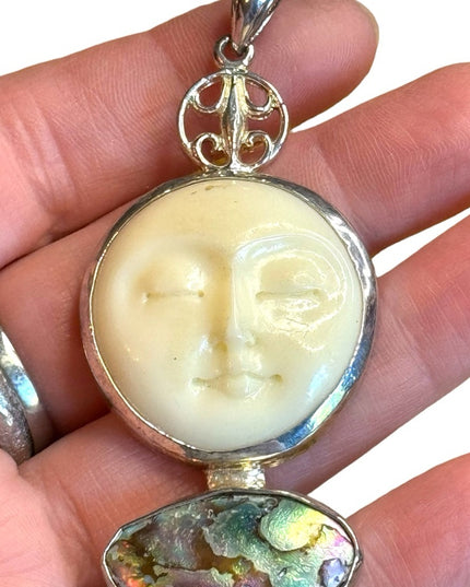Vintage handmade moonface goddess resin & abalone sterling silver 925 pendant