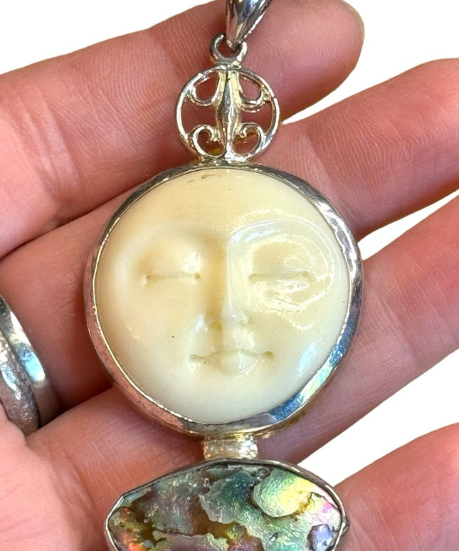 Vintage handmade moonface goddess resin & abalone sterling silver 925 pendant