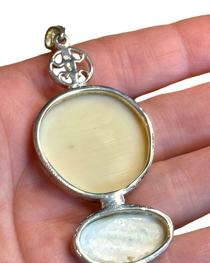 Vintage handmade moonface goddess resin & abalone sterling silver 925 pendant