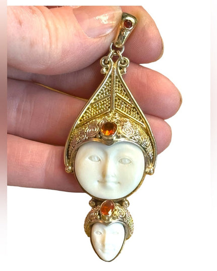 Sajen Bali 18k Gold plt boneface goddess multi gemstone filagree pendant