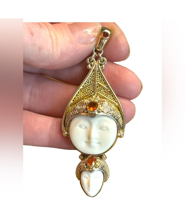 Sajen Bali 18k Gold plt boneface goddess multi gemstone filagree pendant
