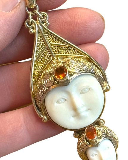 Sajen Bali 18k Gold plt boneface goddess multi gemstone filagree pendant