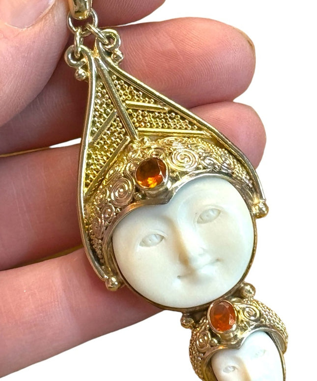 Sajen Bali 18k Gold plt boneface goddess multi gemstone filagree pendant