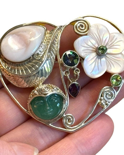 Sajen Bali Sterling silver 925 MOP moonfave goddess multi gemstone heart pendant