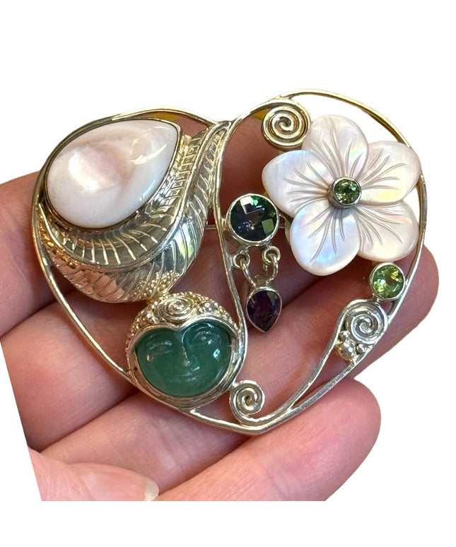 Sajen Bali Sterling silver 925 MOP moonfave goddess multi gemstone heart pendant