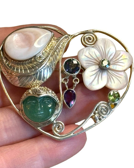 Sajen Bali Sterling silver 925 MOP moonfave goddess multi gemstone heart pendant
